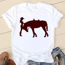 Large 2026 T-Shirt, Women's Short Sleeve Graphic Tee, Casual Style, 90s Watercolor Horse Design, Summer Clothing For Women. - 白色 - 查看 1