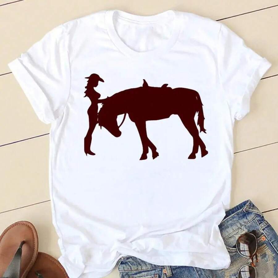 Large 2026 T-Shirt, Women's Short Sleeve Graphic Tee, Casual Style, 90s Watercolor Horse Design, Summer Clothing For Women. - 白色 - 查看 1