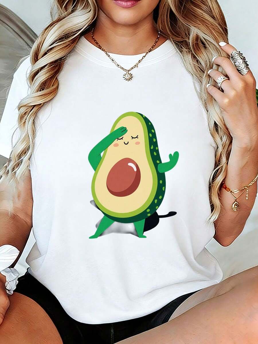 Women's T-Shirt With Funny Dancing Avocado Design - Soft And Breathable Short-Sleeved T-Shirt With A Fun Avocado Print, Casual Crew Neck, Ideal For Food Lovers, Birthday Party Gift, Spring, Summer And Autumn Wear. - 白色 - 查看 1