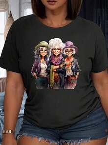 Women's Casual T-Shirts With Artistic Print Of Three Elegant Grandmothers With Hats And Glasses, Casual Summer Top, Party Outfit. - 黑色 - 查看 1