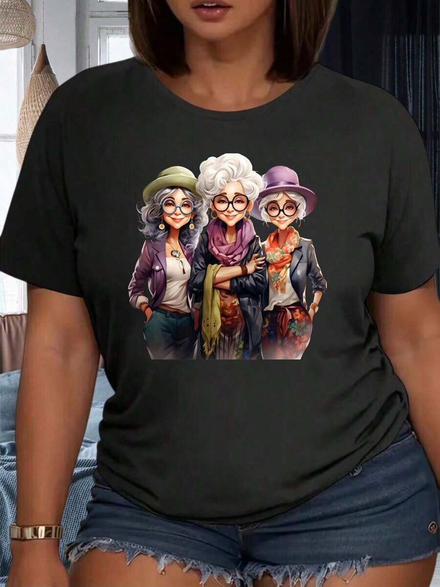 Women's Casual T-Shirts With Artistic Print Of Three Elegant Grandmothers With Hats And Glasses, Casual Summer Top, Party Outfit. - 黑色 - 查看 1