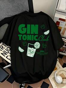 男士大尺碼寬鬆大號「GIN TONIC Club」調酒印花時尚休閒短袖T恤 | 精湛工藝 | 夏季必備單品 | 百搭易搭配，展現你的風格 - 黑色 - 查看 3