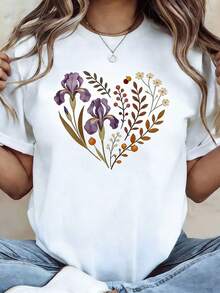 Plus Size - Plus Size - Plus Size, Floral Heart Graphic Print T-Shirt, White Short Sleeve Crew Neck T-Shirt, Machine Washable, Casual Style, Comfortable Fit, Fashion Design, Casual Daily Wear, Soft Fabric, Modern Style - 白色 - 查看 1