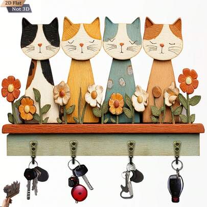 2D Flat Cat Garden Multifunctional Wooden Key Holder, 1 Piece, Includes Metal Hooks, Suitable For Wall Decor, Porch Decor, Room Decor, Villa Decor, Seasonal Home Decor