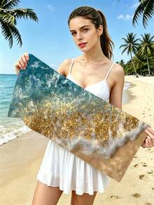 250gsm Ultra-Soft Absorbent Quick-Dry Beach Towel With Golden Sand Pattern, Suitable For Beach, Pool, Yoga Mat, Sunscreen Shawl, Summer Travel, Camping, Swimming, Picnic - Gold - View 9