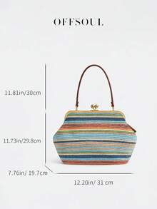 Holiday Beach Vacation Style Straw Bag, Women New Large Capacity Retro Clasp Lock Handbag, Versatile Tote Shoulder Bag - Multicolor - View 3