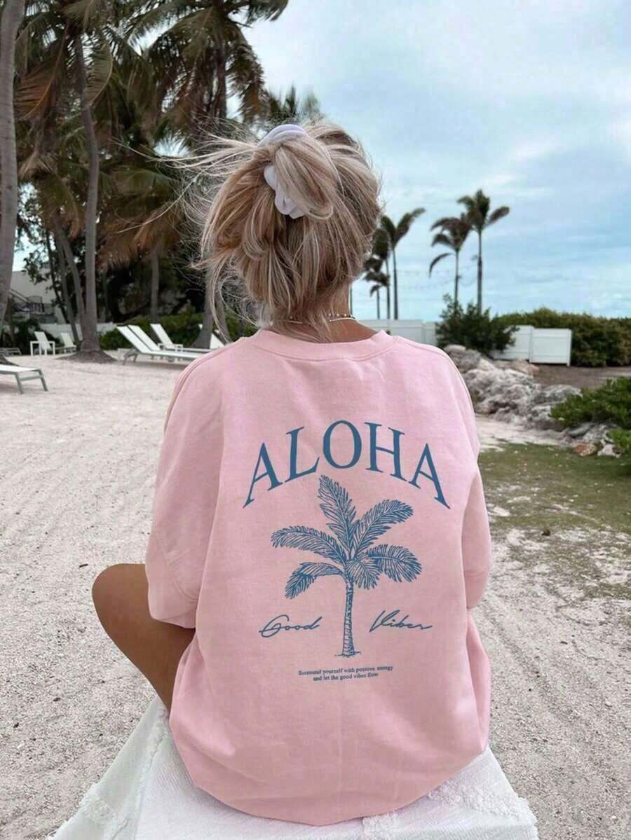Women's Short-Sleeved T-Shirt With A Round Neck And Palm Print, A Casual And Modern Style, Ideal For Summer, Your Everyday Essential. Printed T-Shirt, White Top For Women, Top, Pink Top, Holiday Set, 100% Cotton - 粉色 - 查看 1
