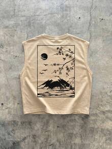 Áo tank top nam FRACTYR mùa hè phong cách đường phố thường ngày, họa tiết Ukiyo-E núi và hoa anh đào, áo tank top cổ tròn dáng rộng in hình retro Nhật Bản, áo tập thể dục. - Màu be - Xem 2