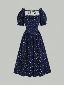 Vestido largo con escote cuadrado, mangas de globo y estampado floral, conjunto de mujer - Azul marino - Ver 7