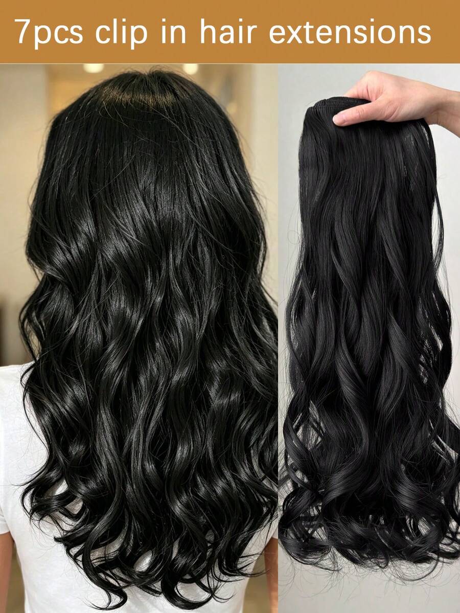 7pcs/Set Clip-In Hair Extensions, 22 Inch Length, Natural Wavy, Heat Resistant Synthetic Fiber, Suitable For Women To Wear For Parties And Daily Use, Black
