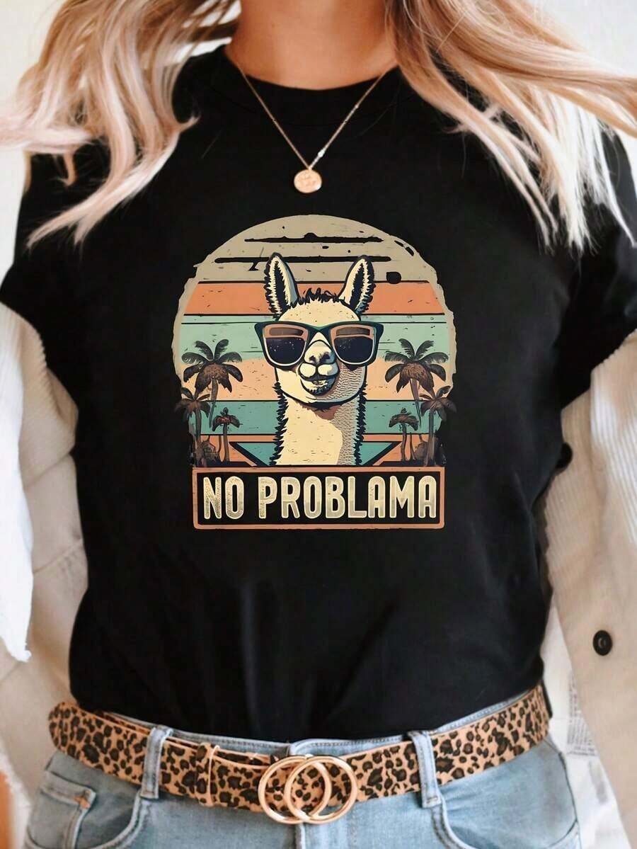 Women's Short-Sleeved Crew Neck T-Shirt With A Graphic "No Problem" Alpaca Print. Stylish And Modern, Ideal For Casual Occasions And Holiday Gifts, With A Vintage, Relaxed, And Fun Style That Exudes Attitude. Breathable And Comfortable. - 黑色 - 查看 1