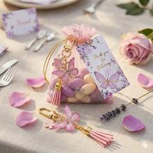 36pcs/12sets Butterfly Shaped Keychain Wedding Party Favor Gift Set, Includes Organza Bags, Thank You Cards, Metal Rings, Tassel Keyrings, Suitable For Wedding, Birthday, Event Decoration And More - Pink Butterfly Tassel Keychain - View 7