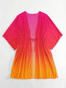 Kimono de ombré de cintura con cordón de manga murciélago de malla - Rosa Fucsia - Ver 4