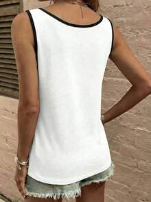 LUNE La nueva moda primavera y verano, chaleco casual de cuello redondo a rayas azul y blanco con cuello profundo rojo en contraste - Blanco - Ver 2