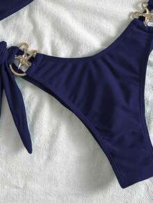 Swim Mod Conjunto de bikini sexy con decoración de estrella de mar metálica, unicolor, con lazos ajustables a los lados para mujer - Azul - Ver 5