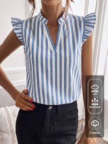 Blusa de mujer de verano casual con cuello con muesca a rayas y volantes en el bajo - Azul y blanco 2 - Ver 1