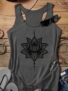 Camiseta de tirantes casual con estampado de flor de loto, apropiada para el verano - Gris Oscuro - Ver 1