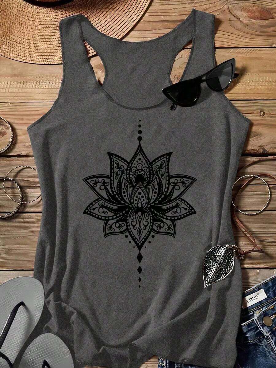 Camiseta de tirantes casual con estampado de flor de loto, apropiada para el verano - Gris Oscuro - Ver 1