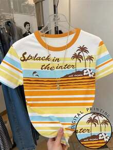 Camiseta de mujer casual de verano con bloques de color, rayas y estampado de limón - Blanco 3 - Ver 6