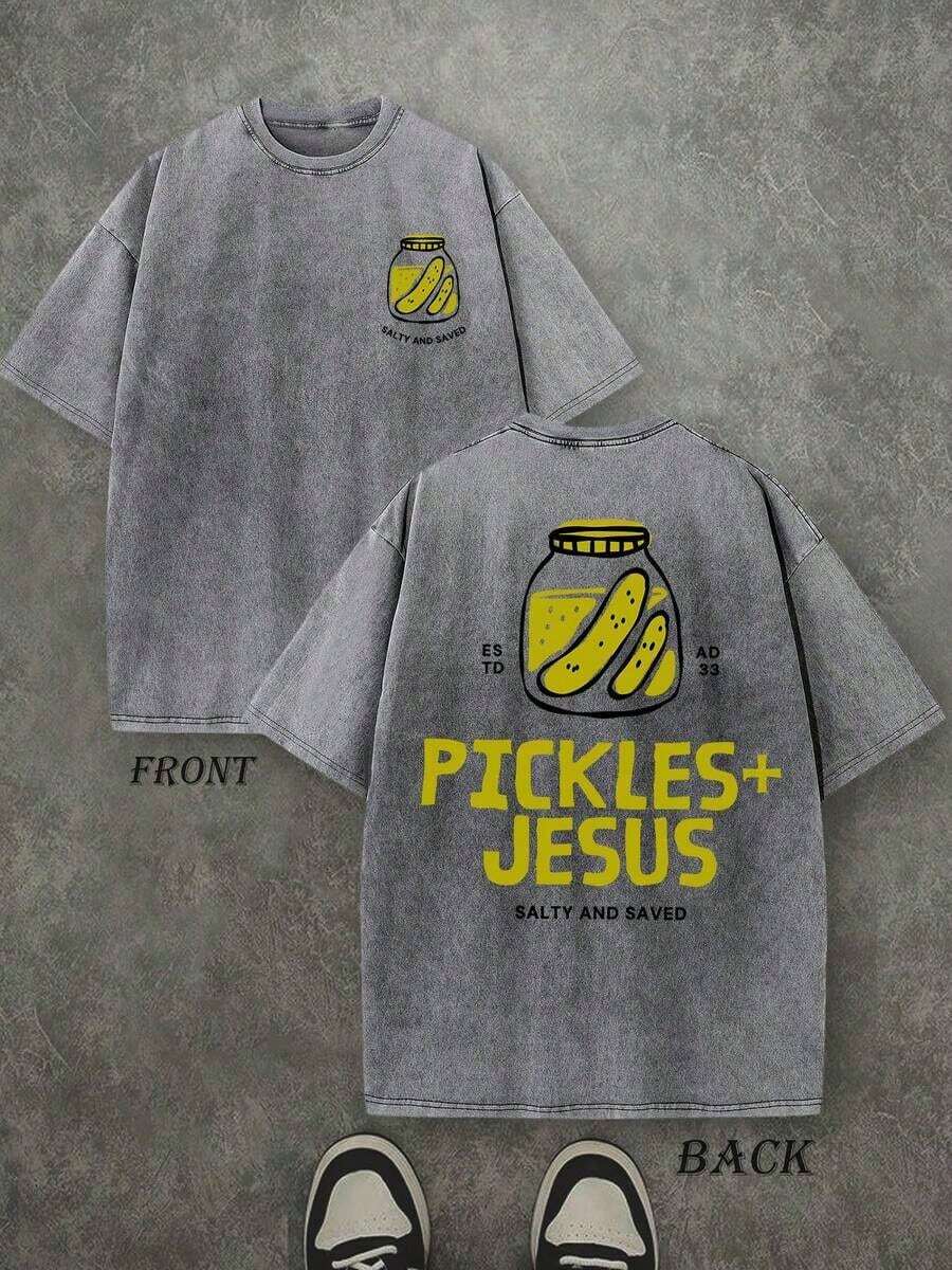 Camiseta Cristiana Unisex Lavada Pickles And Jesus, Camiseta con Escrituras Cristianas, Camiseta Vintage Retro Lavada con Estampado a Doble Cara (Camiseta de Algodón Puro de 230 g/m²), Camiseta Cristiana de Alta Calidad, Regalos Cristianos, Camisetas para Hombre y Mujer, Camiseta Cristiana Cómoda y a la Moda, Camiseta de Algodón Puro Estilo Urbano para Otoño - Gris - Ver 1