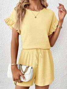 Top de manga con volante & Shorts de cintura con cordón - Amarillo - Ver 4