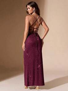 Vestido maxi de fiesta sin espalda y sin mangas con abertura alta, ajustado al Body - Burdeos - Ver 2
