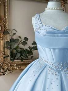 Vestido elegante, lujoso y noble de estilo palaciego con hombros abiertos, escote corazón sin tirantes, silueta de sirena, decoración de perlas falsas y bajo acampanado, adecuado para despedida de soltera, boda, graduación, vacaciones y fiesta de - Celeste - Ver 6