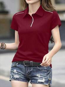 Camiseta sencilla de manga corta con estampado de color contrastante para mujer - Rojo - Ver 4