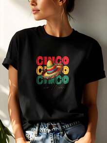 1 pieza de remera de manga corta 100% algodón estilo casual con estampado de CINCO DE MAYO y sombrero mexicano colorido ideal para fiestas temáticas verano mujer - Negro - Ver 1