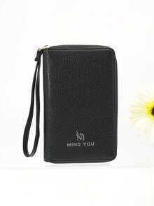 Mini Zipper Compact Card Holder Passport Wallet, Couple Contrast Color Soft PU Multi-Function Phone Wallet Card Case Passport Holder, Compact Stylish Lightweight - Black - View 2