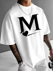 Soft.1pack.100%Cotton. Men's Casual Short-Sleeve T-Shirt With Bold Letter M And Heart Print - Light Gray Summer Crew Neck Top, Machine Washable, Suitable For Daily Wear, Fashionable And Style |   Opaque Fabric. Casual Summer - White - View 2