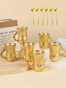 12件組金色玻璃茶杯套組，金色茶杯，可愛迷你咖啡杯，復古歐式風格/紅茶杯、水杯、牛奶杯，適用於飯店、餐廳、居家、萬聖節、聖誕節、新年、婚禮、派對活動等 (6個咖啡杯 + 6個咖啡匙) - 彩色 - 查看 14