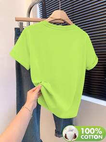 Women's 100% Cotton Embroidered Short-Sleeved T-Shirt With A Round Neck, Made From Soft, Skin-Friendly, Breathable, And Comfortable Fabric. Ideal For Year-Round Wear, Perfect For Casual Outings, Machine Washable, And Ideal For Art And Design Lovers With A Unique Style. - 螢光綠 - 查看 3