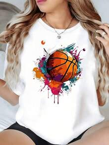 Basketball Wrapped In A Burst Of Vibrant Colors Symbolizing Energy, Passion, And Movement. Women's T-Shirt, 100% Cotton, Comfortable And Modern. ICHR - 白色 - 查看 1
