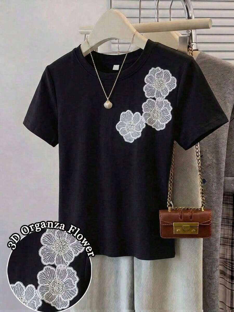 Frenchy Camiseta de mujer de manga corta, cuello redondo, a rayas, de estilo casual para el verano - Negro 2 - Ver 1