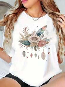 Women's White Summer T-Shirt, Watercolor Floral Design With Heart And Teardrop, Bohemian Style, Casual Round Neck, Soft Cotton, Romantic And Whimsical Design For Flower Lovers In Spring And Summer - 藍色 - 查看 7