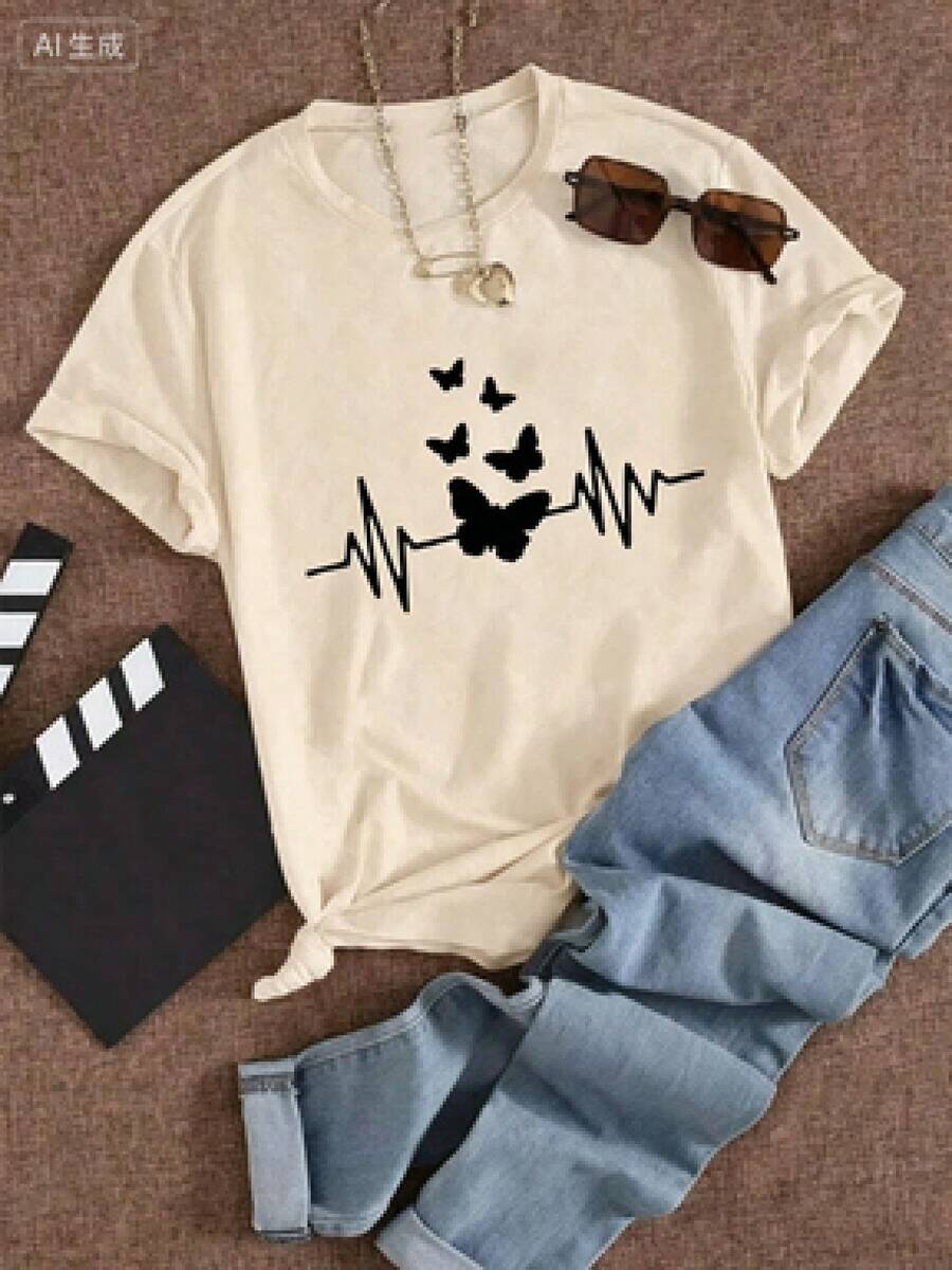 This Casual T-Shirt Features A Simple Print, A Round Neck, And Short Sleeves. The Classic, Basic Design Is Universally Flattering, And The Loose, Relaxed Fit Feels Comfortable And Breathable. The Fine, Soft Texture Is Soft Against The Skin And Breathable, So It Won't Pill Or Lose Its Shape Over Time. The Subtle, Elegant Print Design Is A Must-Have For Summer. This Versatile Piece Pairs Perfectly With All Kinds Of Bottoms-You Can't Go Wrong. - 米色 - 查看 1