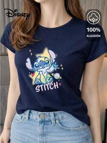 Women's T-Shirt Made Of 100% High-Quality Cotton. This T-Shirt Guarantees Exceptional Softness To The Touch, With A Round Neck, "Disney Stitch Galactic" Print, And Short Sleeves. - 藏蓝色 - 查看 1