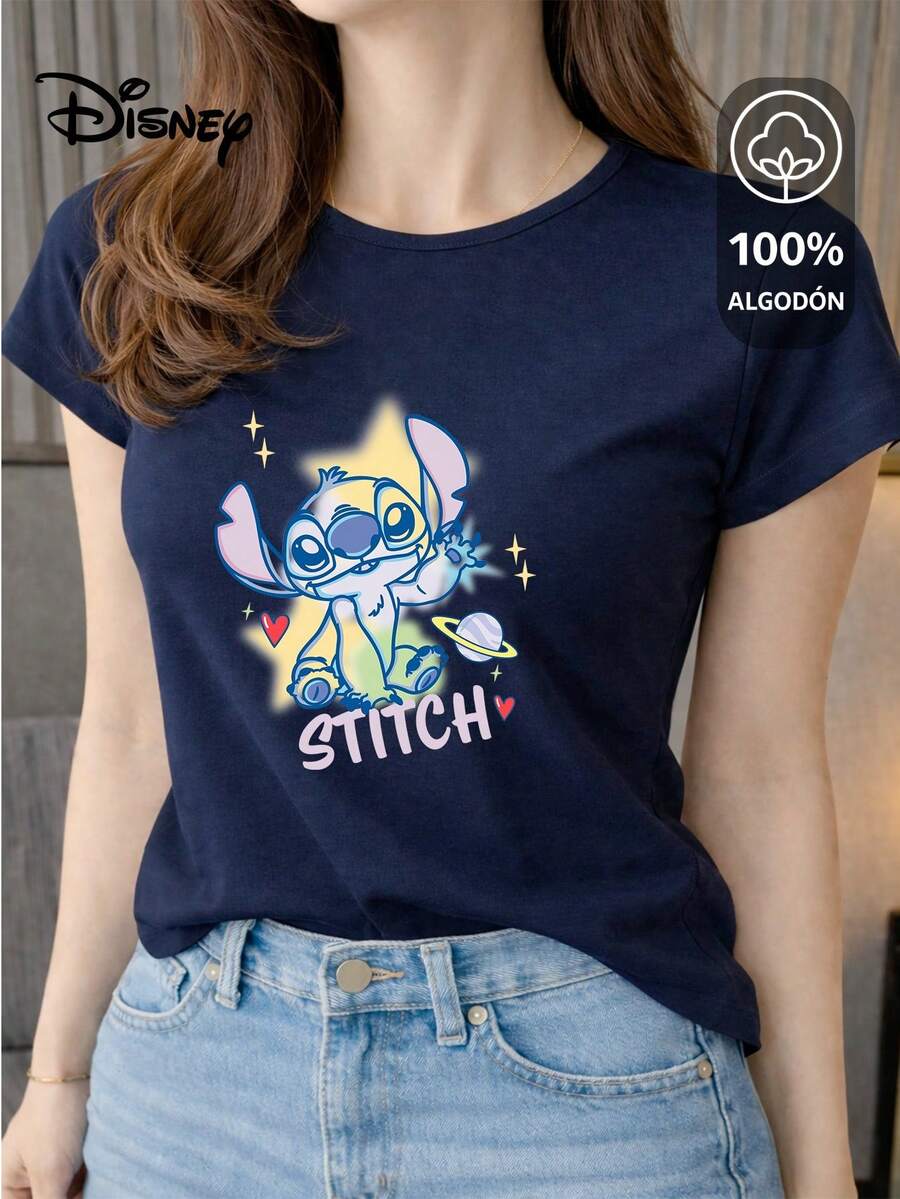 Women's T-Shirt Made Of 100% High-Quality Cotton. This T-Shirt Guarantees Exceptional Softness To The Touch, With A Round Neck, "Disney Stitch Galactic" Print, And Short Sleeves. - 藏蓝色 - 查看 1