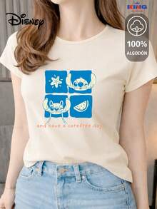 Made From 100% High-Quality Cotton, This T-Shirt Guarantees Exceptional Softness To The Touch, With A Round Neck, "Disney Stitch & Angel Carefree Day" Print, And Short Sleeves. - 米色 - 查看 1