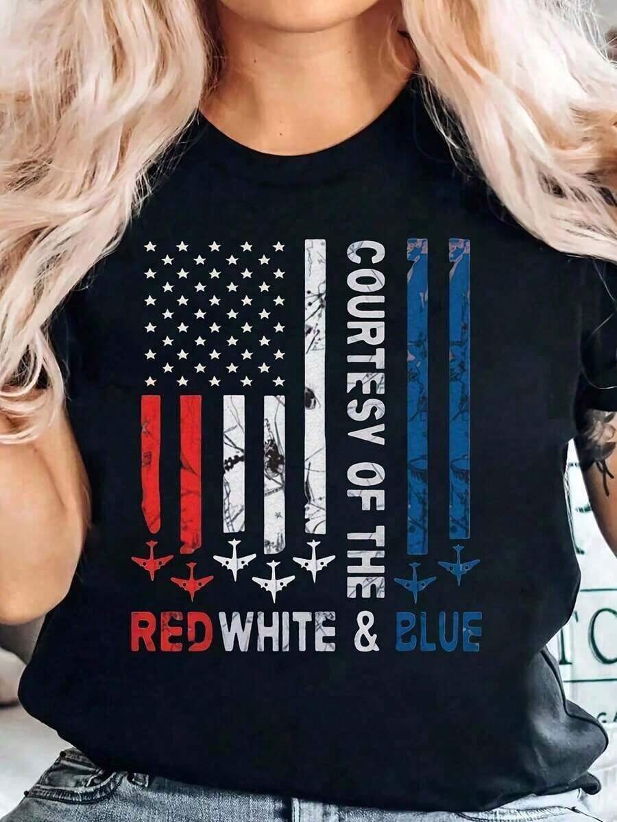 Vintage Women's T-Shirt With American Flag, Military Airplanes, And Red And Blue Text For Patriotic Events, New 2026 Independence Day Graphic Tee, Cute Women's Blouses, Women's Summer Clothes, Graphic Tee - 黑色 - 查看 1