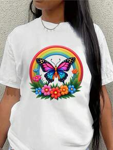 Polyester Short-Sleeved T-Shirt, Decorated With Rainbow Butterfly And Flower Motifs, Lightweight And Durable, Suitable For Home, Cafes, Or Casual Outdoor Wear. Women's Blouses > Clothing - 白色 - 查看 1