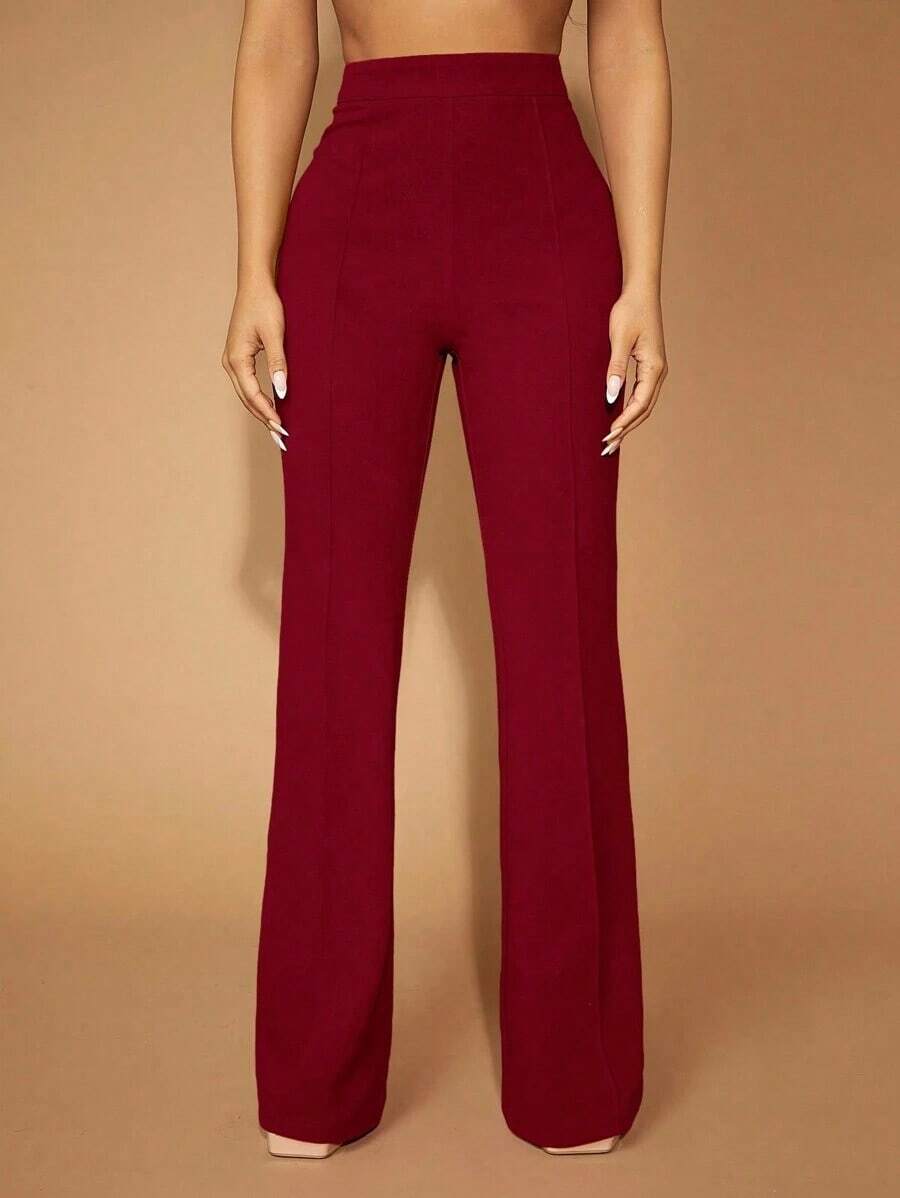 Pantalones de pierna acampanada de cintura alta elegantes para uso diario, de unicolor - Burdeos - Ver 1
