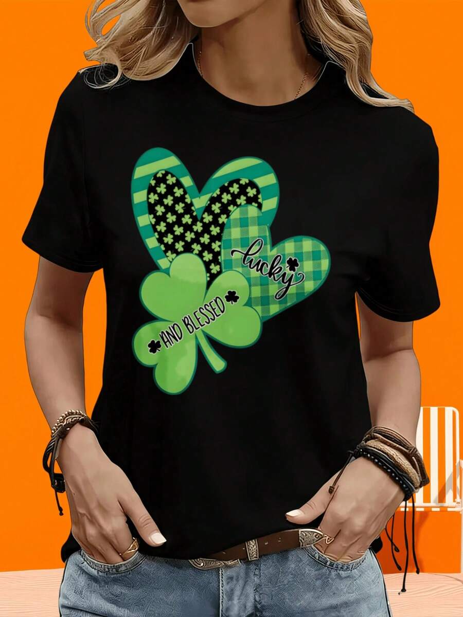 Women's Casual Short Sleeve T-Shirt In White And Two-Tone, Shamrock Design T-Shirt For St. Patrick's Day, Women's Casual Graphic T-Shirt, Green Shamrock Design, T-Shirt For Holidays, Leisure, Outdoor Parties, Gift, Modern And Stylish T-Shirt. - 黑色 - 查看 1