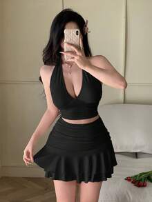 abyoxi Women's Black Sexy Deep V-Neck Ruched Waist Camisole Top And Double Ruffle Hem Mini Skirt 2-Piece Set, Elegant Casual, Sexy Style, Spring/Summer Short Top And Mini Skirt Outfit - Black - View 8