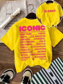 Camiseta de manga corta con estampado de letras, estilo casual para vacaciones de verano - Amarillo - Ver 4