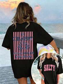 Women's 100% Cotton Graphic Graphic T-Shirt With Double Print "If I'm In A Bad Mood, Please Go Back To The Beach" And "Salty", Casual And Oversized Summer Style | Summer Clothes | Holiday Outfits Pure Cotton T-Shirt 100% Cotton 100% Cotton - 黑色 - 查看 6
