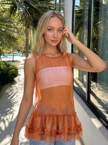 Women Sheer Tank Tops Summer Layered Ruffle Sleeveless Shirt Basic Vest Aesthetic Clothes For Streetwear - Orange - View 2