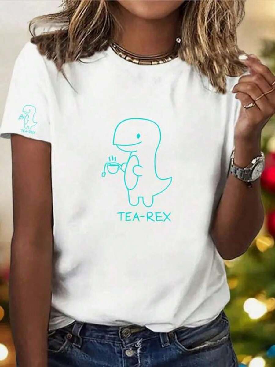 Camiseta de manga corta con cuello redondo y estampado para mujer Té Rex Dinosaurio Sosteniendo Taza S-3XL moda, cómodo y transpirable uni lavable a máquina