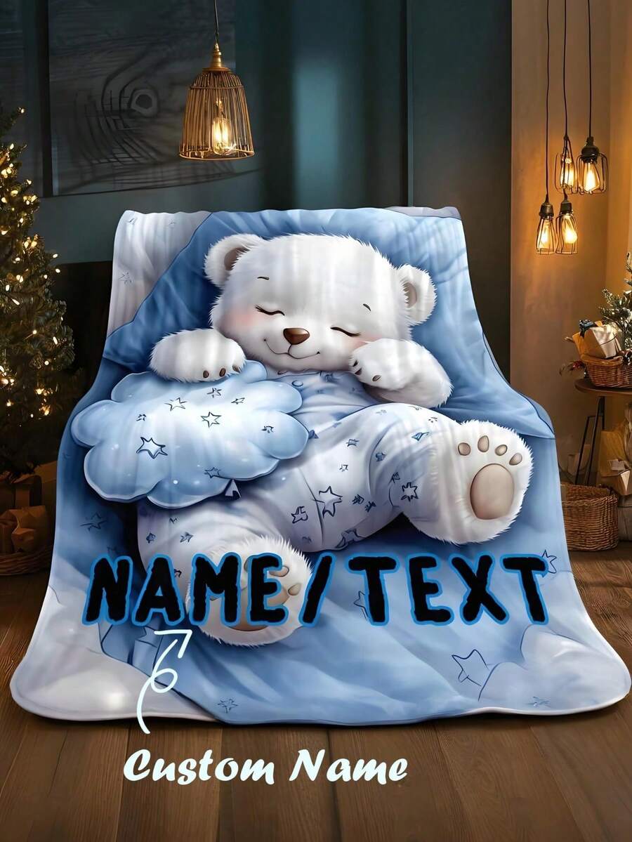 Personalized Polar Bear Fleece Blanket - Soft & Lightweight, Customizable Name, Suitable For Sofa, Bed, Camping & Office - Warm & Cozy Winter Essential, Homey Home Decor | Charming Bedroom Decoration | Durable Polyester Bedding Blanket, Perfect Gift For Kids - Multicolor - View 1